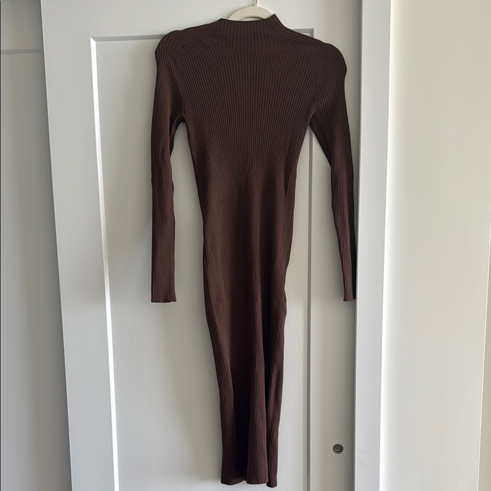 Aritzia Brown Ribbed Bodycon Dress Mock Neck
